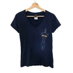 HARLEY DAVIDSON Dark Blue Short Sleeve Tee Shirt V-Neck T Shirt Women's Medium